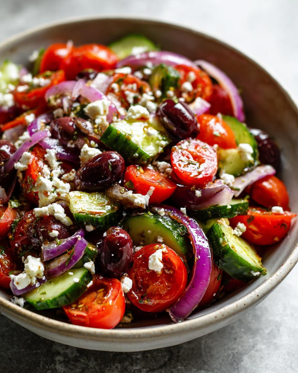 Close-up of a vibrant pasta salad balsamic with tomatoes, cucumbers, olives, and feta cheese.