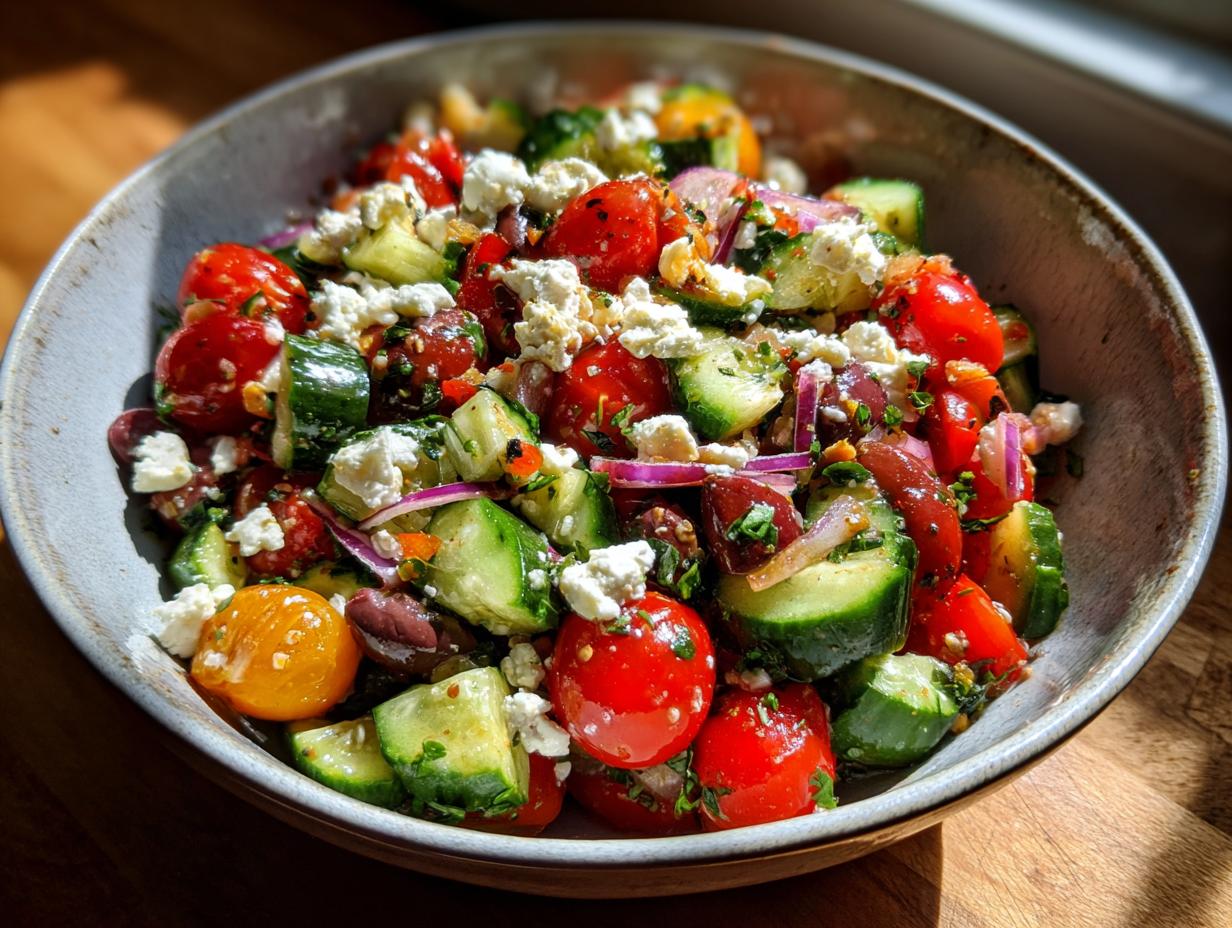 Close-up of a vibrant pasta salad balsamic with cherry tomatoes, cucumbers, feta cheese, and olives.