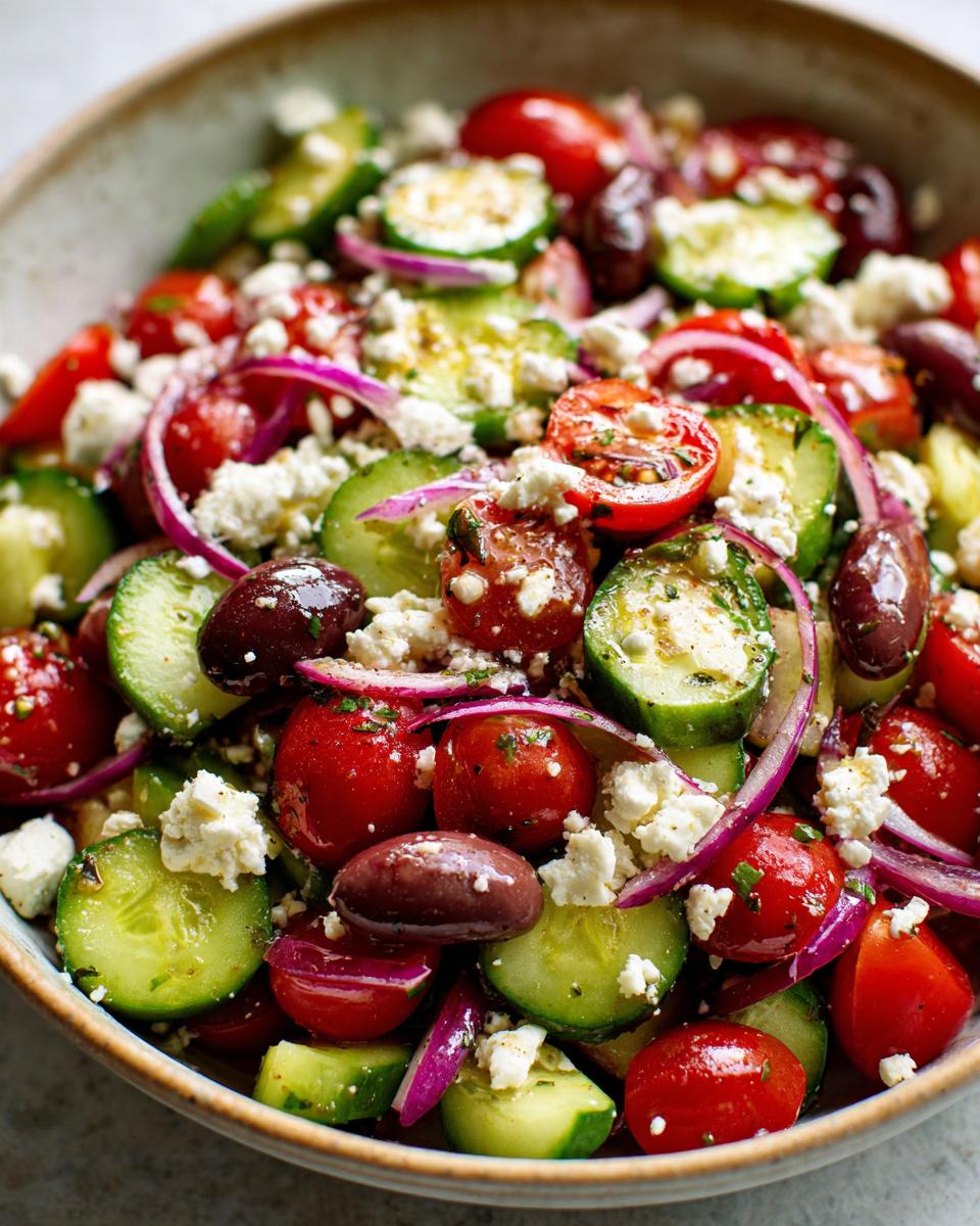 Close-up of a pasta salad balsamic with tomatoes, cucumbers, olives, and feta cheese.
