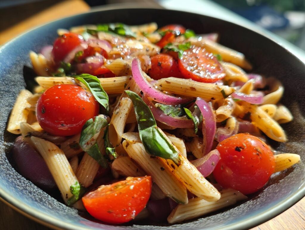 Close-up of a pasta salad balsamic vinaigrette with tomatoes, red onion, and basil.