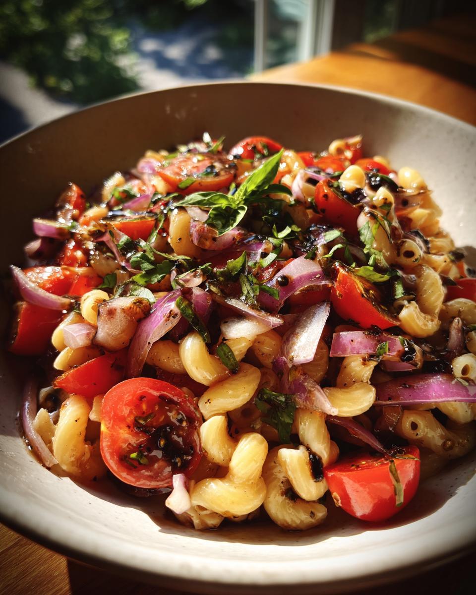 Close-up of a pasta salad balsamic vinaigrette with tomatoes, red onion, and fresh basil.