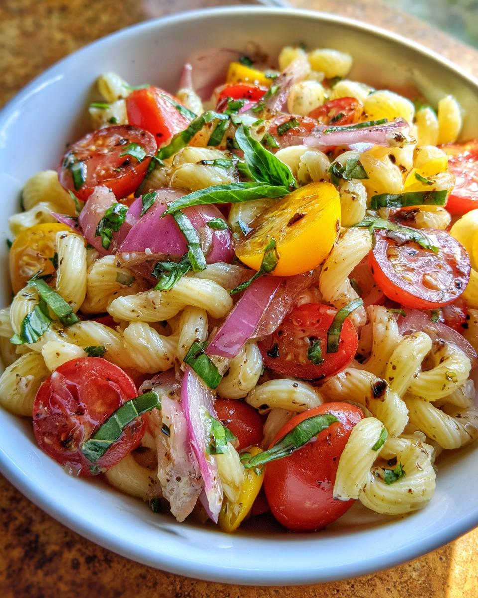 Close-up of pasta salad balsamic vinaigrette with tomatoes, red onion, and basil.