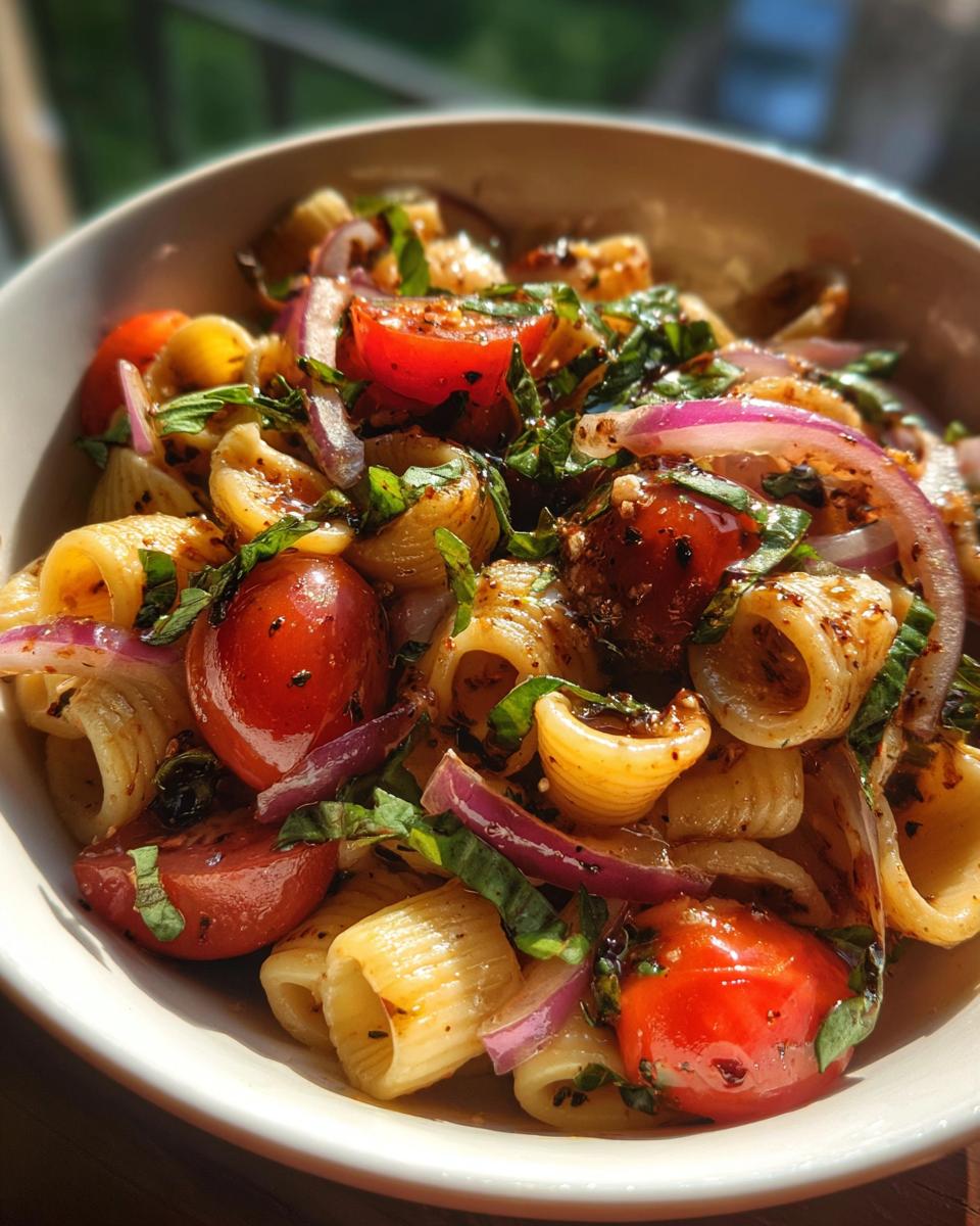 Close-up of pasta salad balsamic vinaigrette with tomatoes, red onion, and basil.