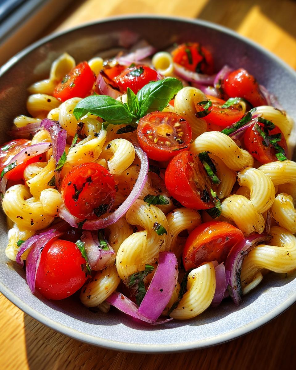 Close-up of pasta salad balsamic vinaigrette with tomatoes, red onion, and basil.