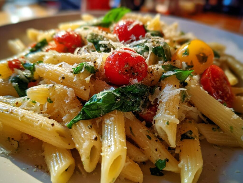 Close-up of pasta salad basil with cherry tomatoes and parmesan cheese.
