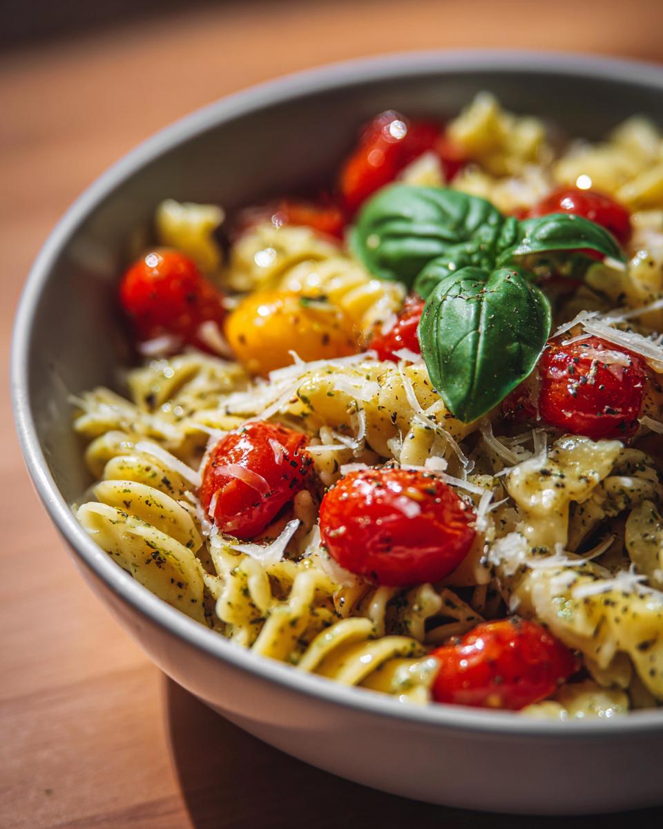 Close-up of pasta salad basil with cherry tomatoes, basil leaves, and parmesan cheese.
