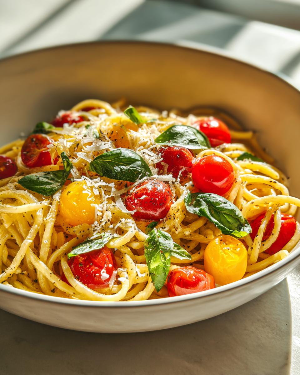 Close-up of pasta salad basil with cherry tomatoes and fresh basil leaves.