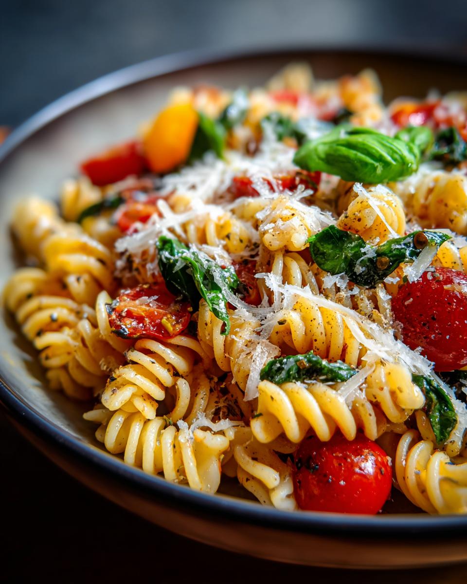 Close-up of pasta salad basil with tomatoes, cheese, and fresh basil leaves.