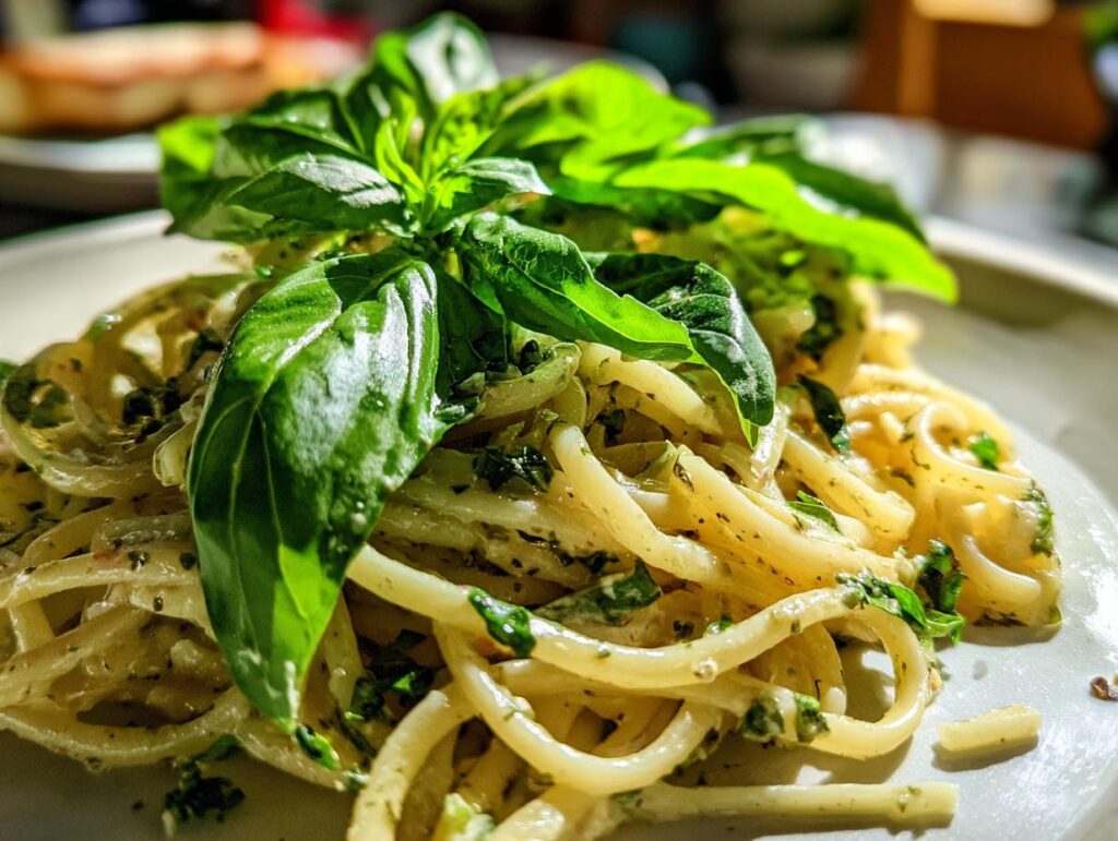 Close-up of pasta salad basil with fresh basil leaves, a delicious and vibrant dish.