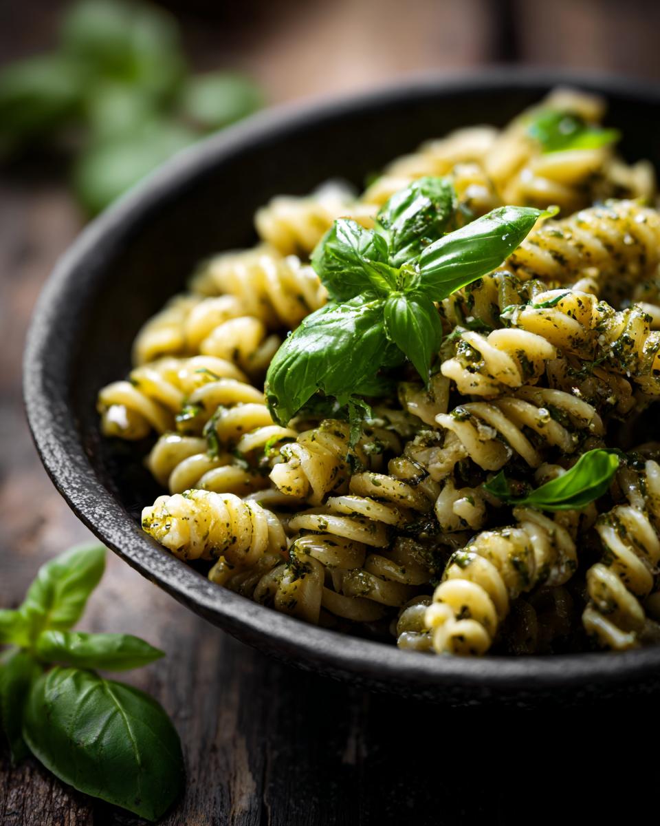 Close-up of pasta salad basil with fresh basil leaves in a black bowl.