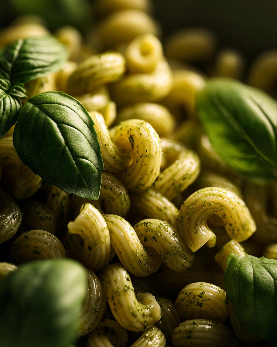 Close-up of pasta salad basil with fresh basil leaves, showing the delicious ingredients.
