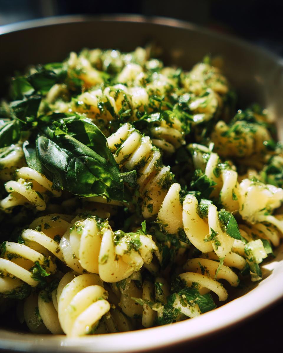 Close-up of pasta salad basil with fusilli pasta, fresh basil leaves, and pesto.