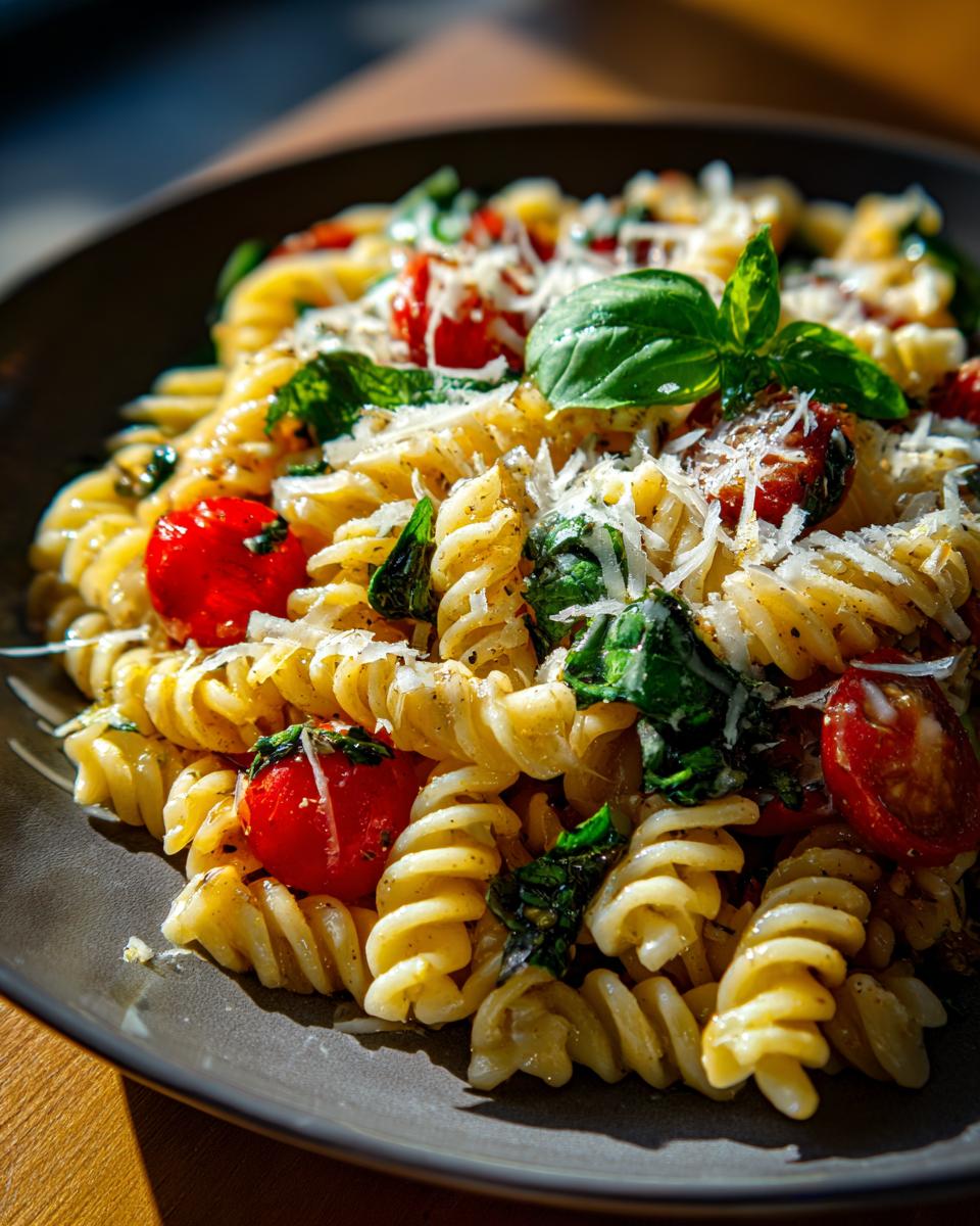 Close-up of pasta salad basil with cherry tomatoes, basil leaves, and grated cheese.