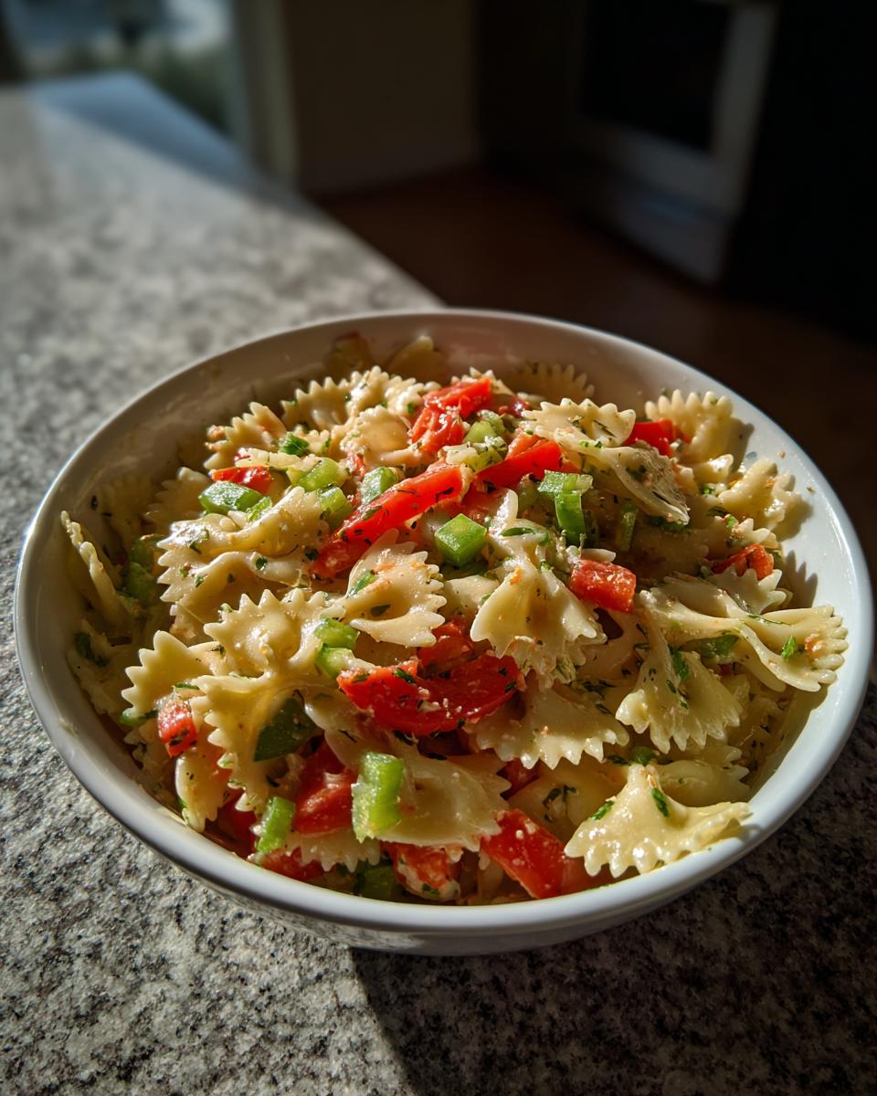 Close-up of a bowl of pasta salad bowtie with red and green bell peppers.