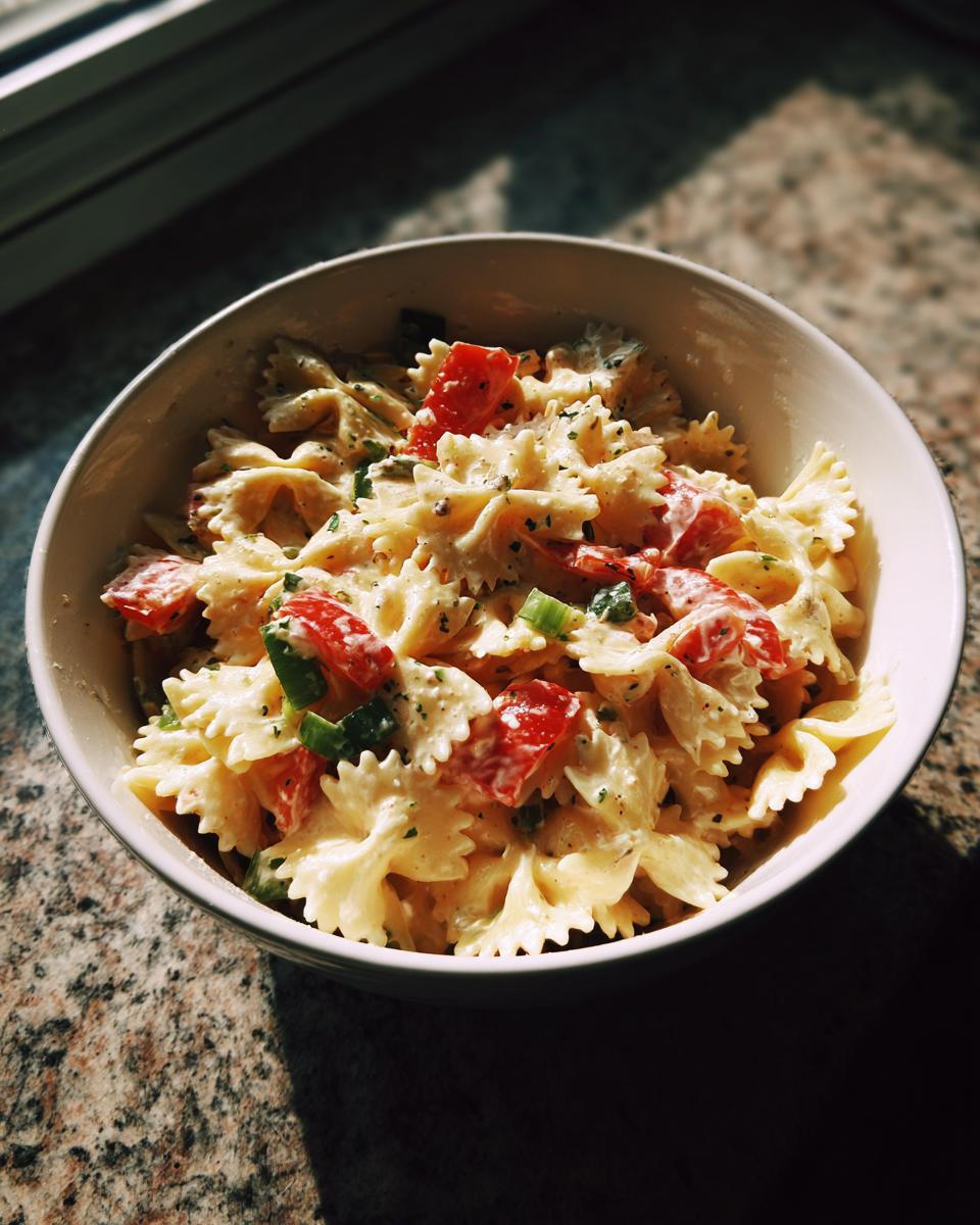 Close-up of a bowl of pasta salad bowtie with tomatoes and herbs. The pasta salad bowtie is creamy and fresh.