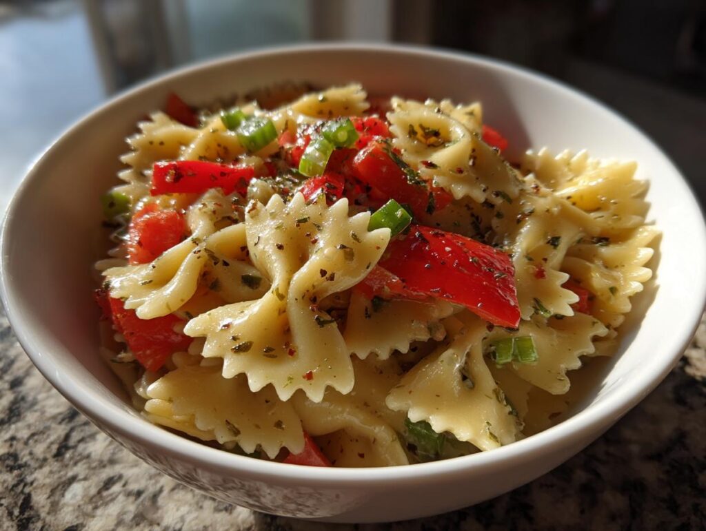 Close-up of a pasta salad bowtie with tomatoes, herbs, and green onions in a white bowl. The pasta salad bowtie is ready to eat.