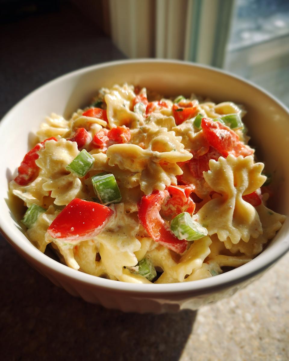 Close-up of a bowl of pasta salad bowtie with red peppers and green bell peppers.