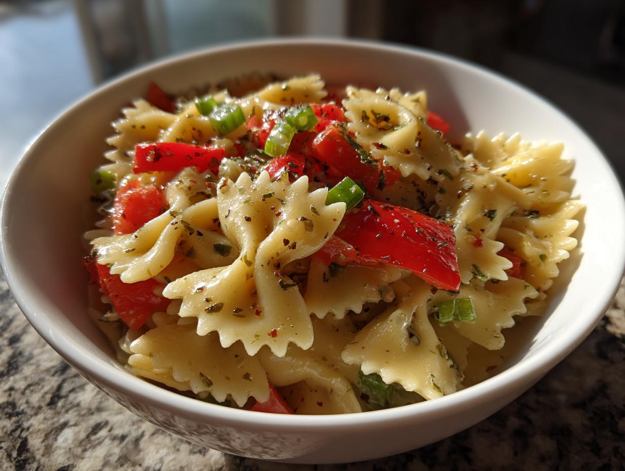 Close-up of a pasta salad bowtie with tomatoes, herbs, and green onions in a white bowl. The pasta salad bowtie is ready to eat.