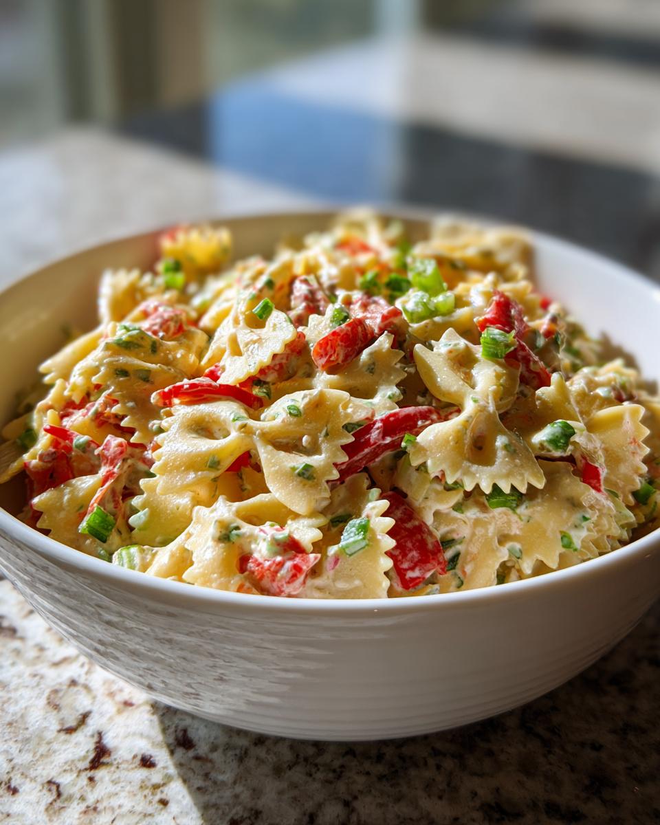 Close-up of a creamy pasta salad bowtie with red peppers and green onions.