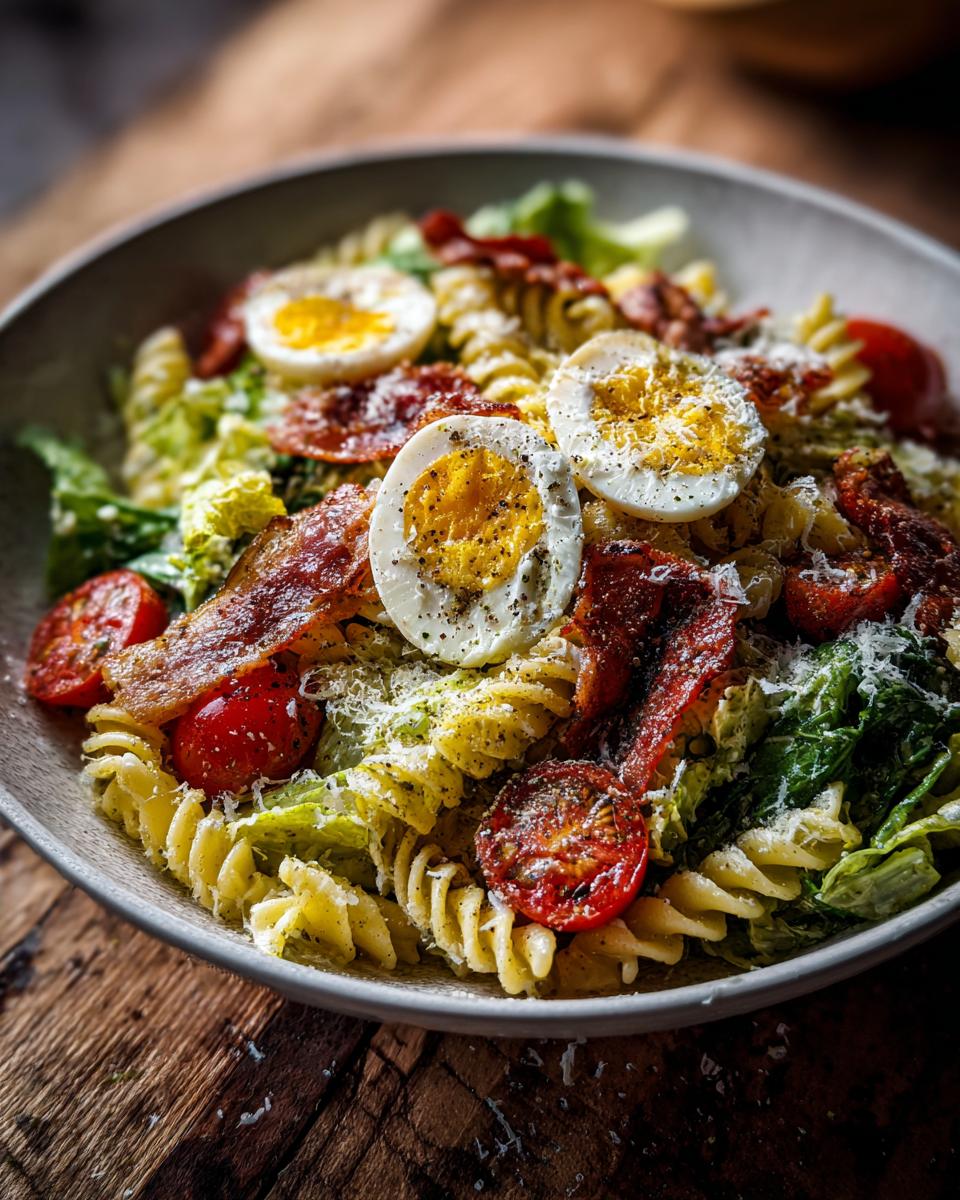 Close-up of a pasta salad caesar with bacon, eggs, tomatoes, and parmesan cheese. This is a delicious pasta salad caesar.