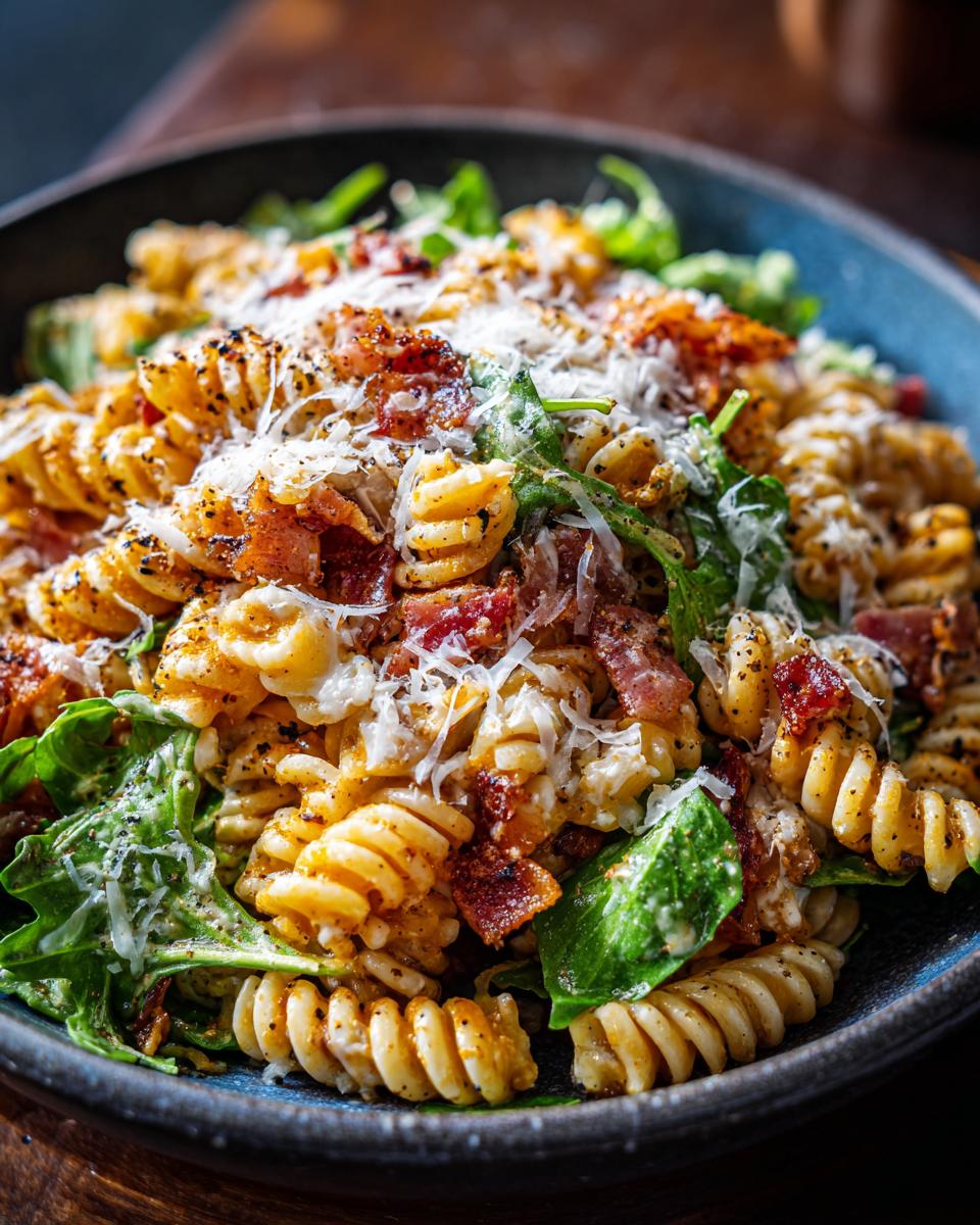 Close-up of a pasta salad caesar with bacon, parmesan cheese, and fresh greens.
