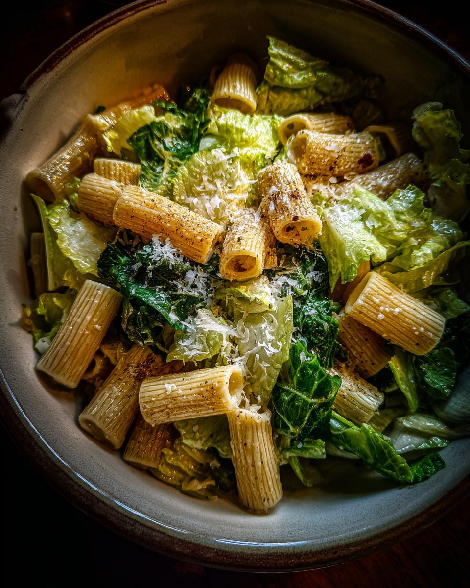 Close-up of a pasta salad caesar with rigatoni, lettuce, and parmesan.
