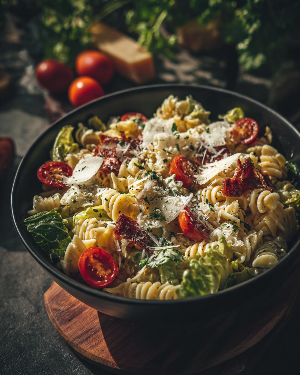 Close-up of a pasta salad caesar with tomatoes, parmesan, and lettuce in a black bowl. The pasta salad caesar is ready to eat.