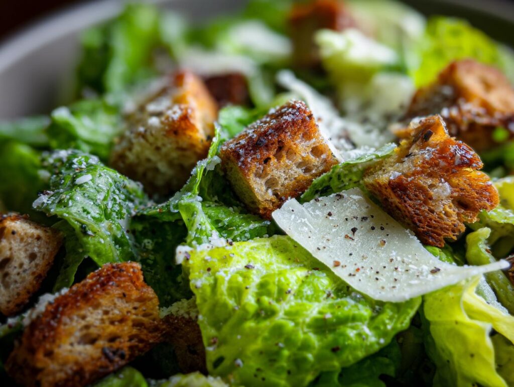 Close-up of a fresh pasta salad caesar with croutons, parmesan, and lettuce.