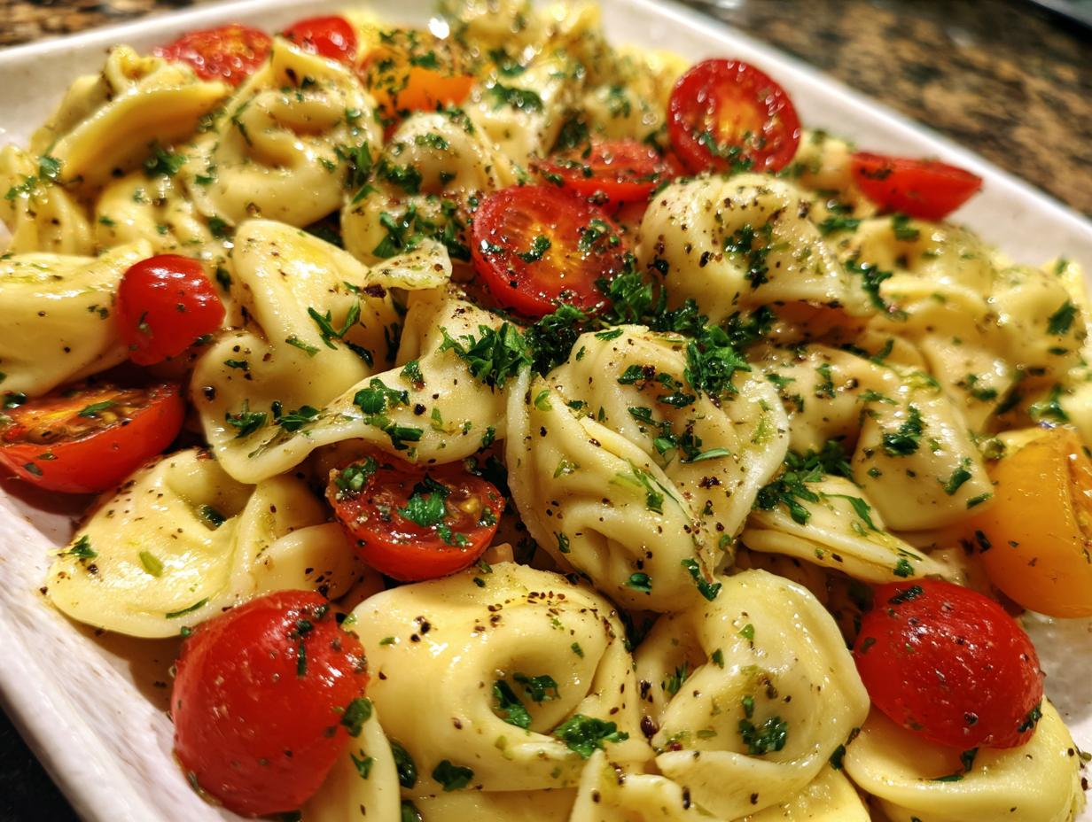 Close-up of pasta salad using cheese tortellini with tomatoes and herbs.