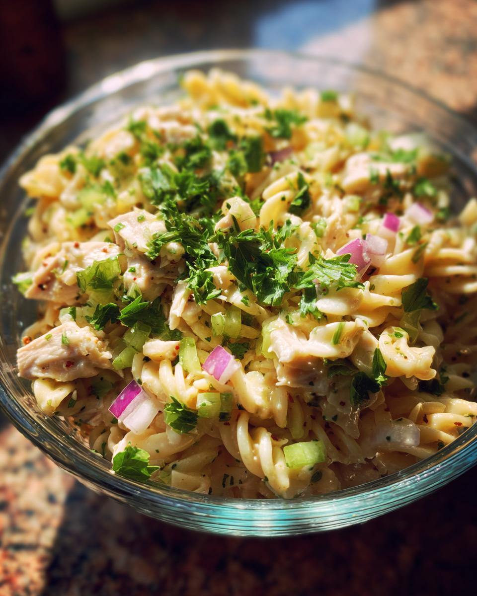 Close-up of pasta salad and chicken in a glass bowl, garnished with fresh herbs. The pasta salad and chicken is a delicious meal.