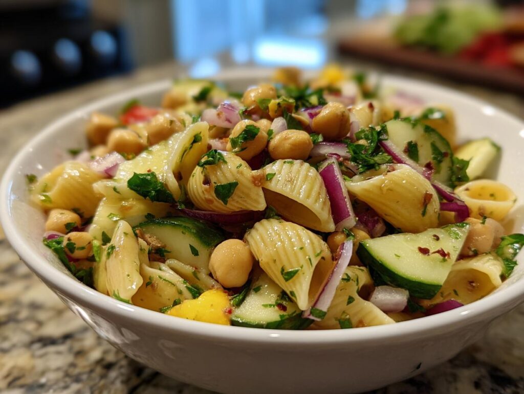 Close-up of a bowl filled with pasta salad chickpeas, with cucumber, red onion, and herbs.