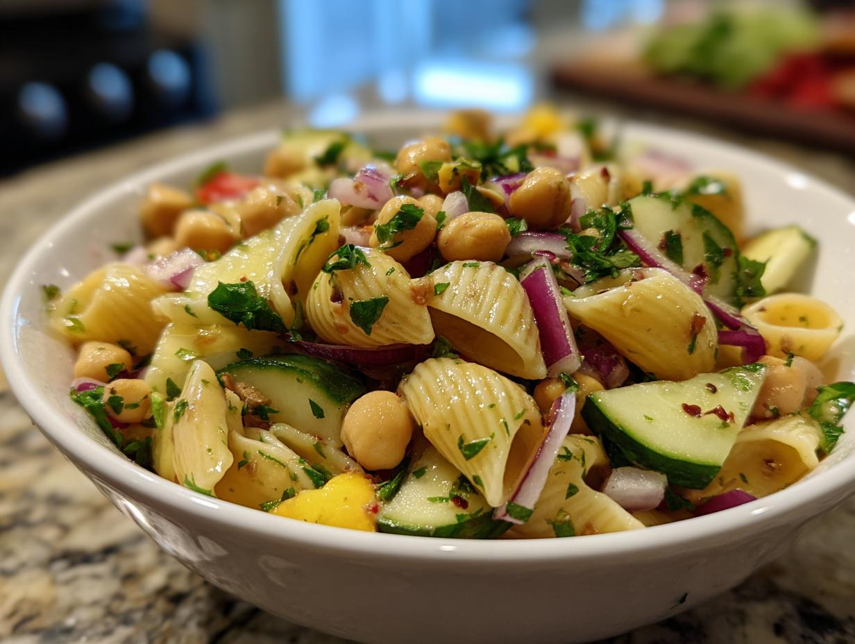 Close-up of a bowl filled with pasta salad chickpeas, with cucumber, red onion, and herbs.