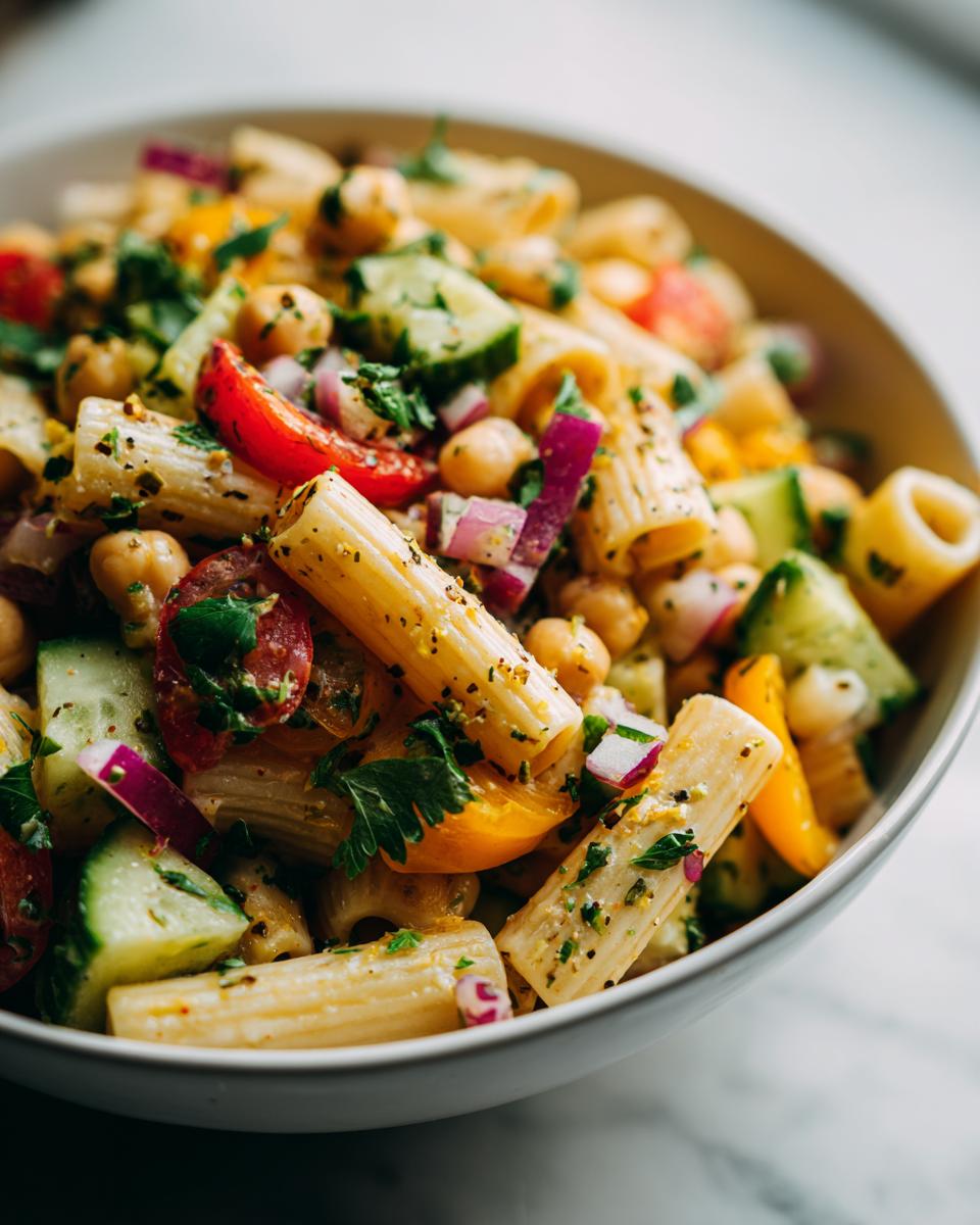 Close-up of a pasta salad chickpeas bowl with tomatoes, cucumbers, and red onion.