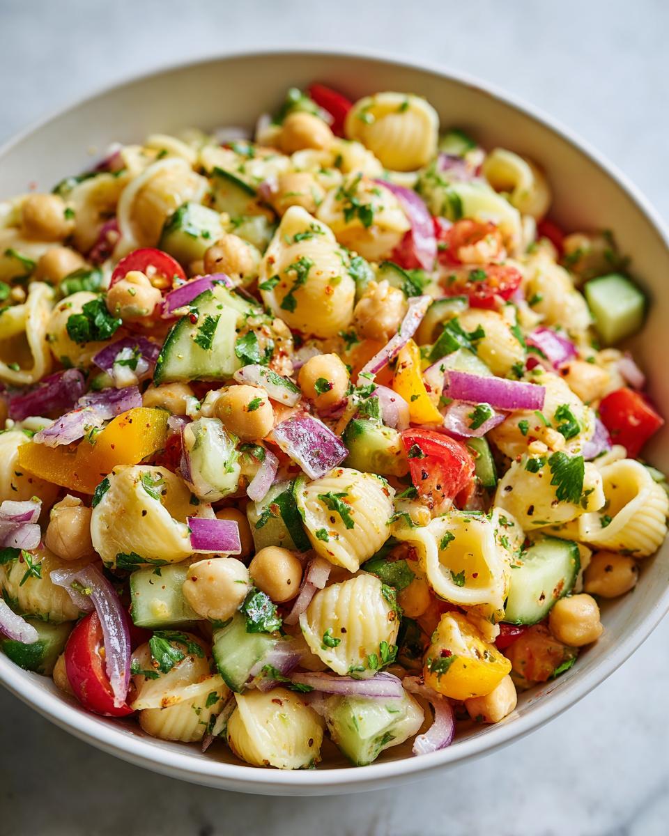 Close-up of a bowl filled with pasta salad chickpeas, tomatoes, cucumber, and red onion.