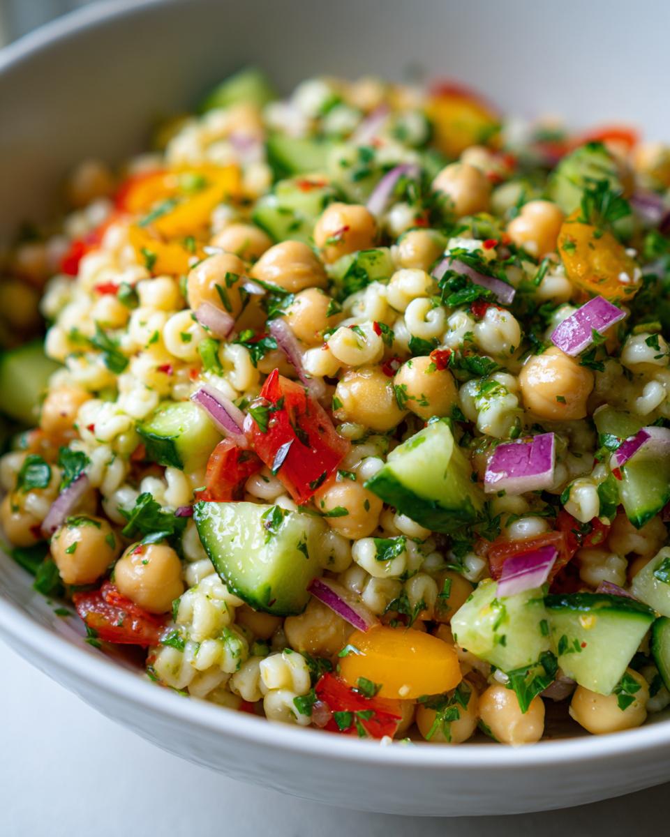 Close-up of a vibrant pasta salad chickpeas with vegetables in a white bowl. The pasta salad chickpeas is a healthy and delicious meal.
