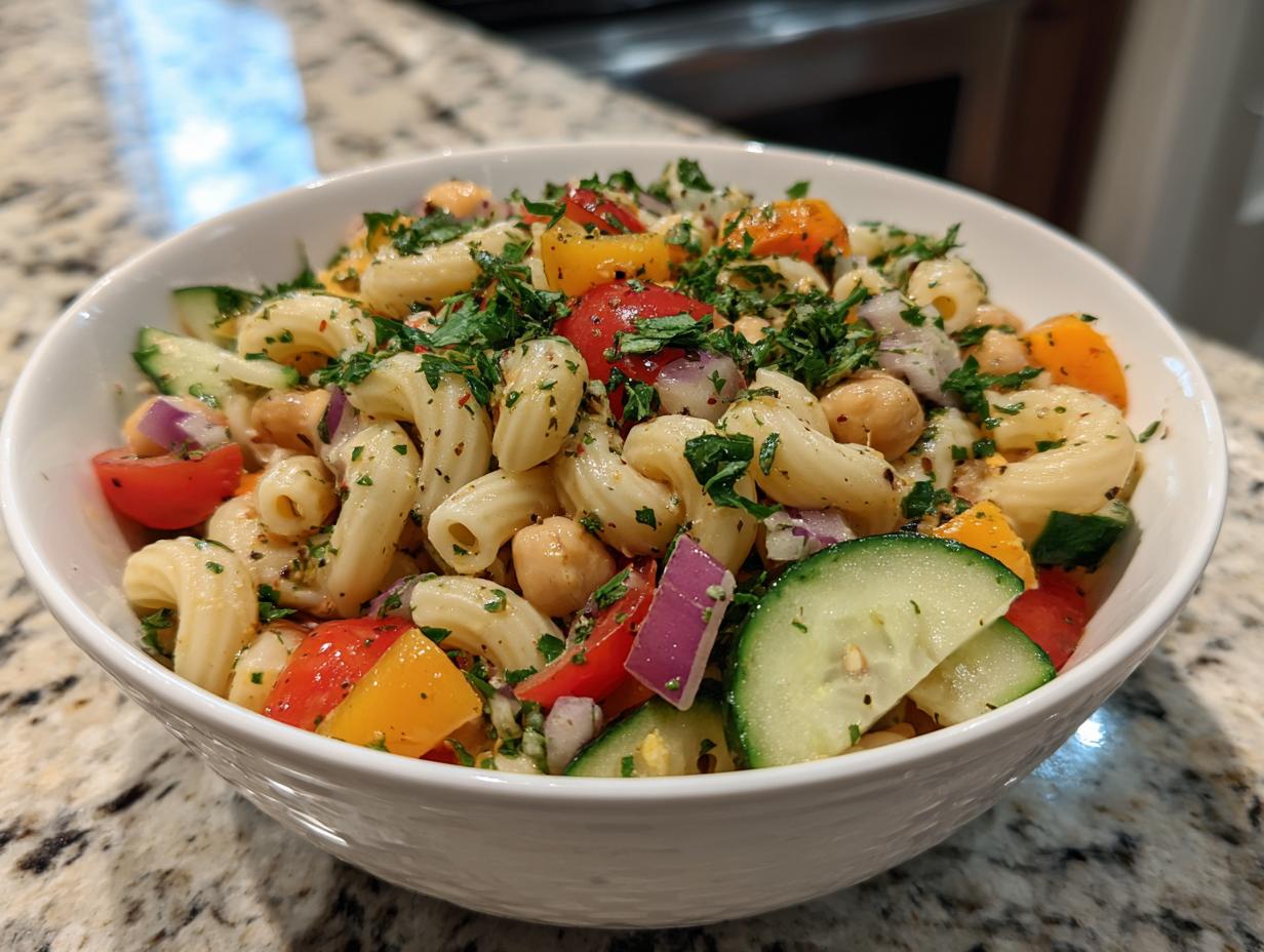 Pasta salad chickpeas in a white bowl, with tomatoes, cucumbers, and herbs. The perfect pasta salad chickpeas recipe!