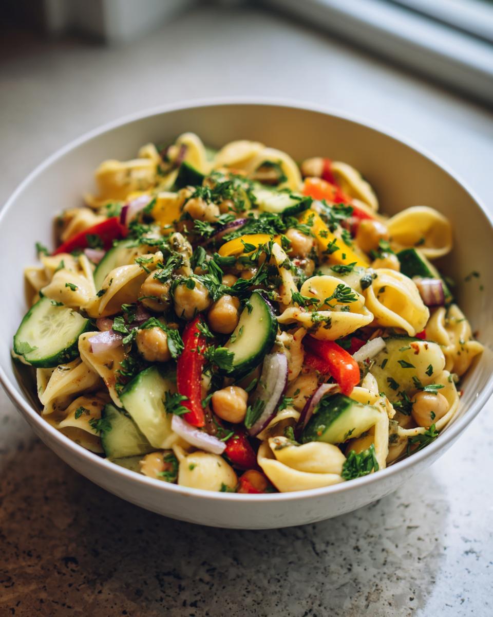 Pasta salad chickpeas in a white bowl with cucumber, bell peppers, and fresh herbs.