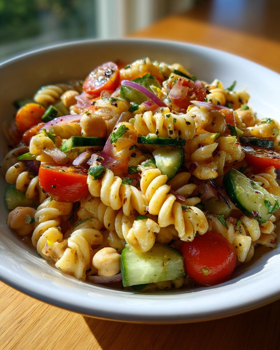 Close-up of a bowl of pasta salad chickpeas with tomatoes, cucumbers, and red onion.