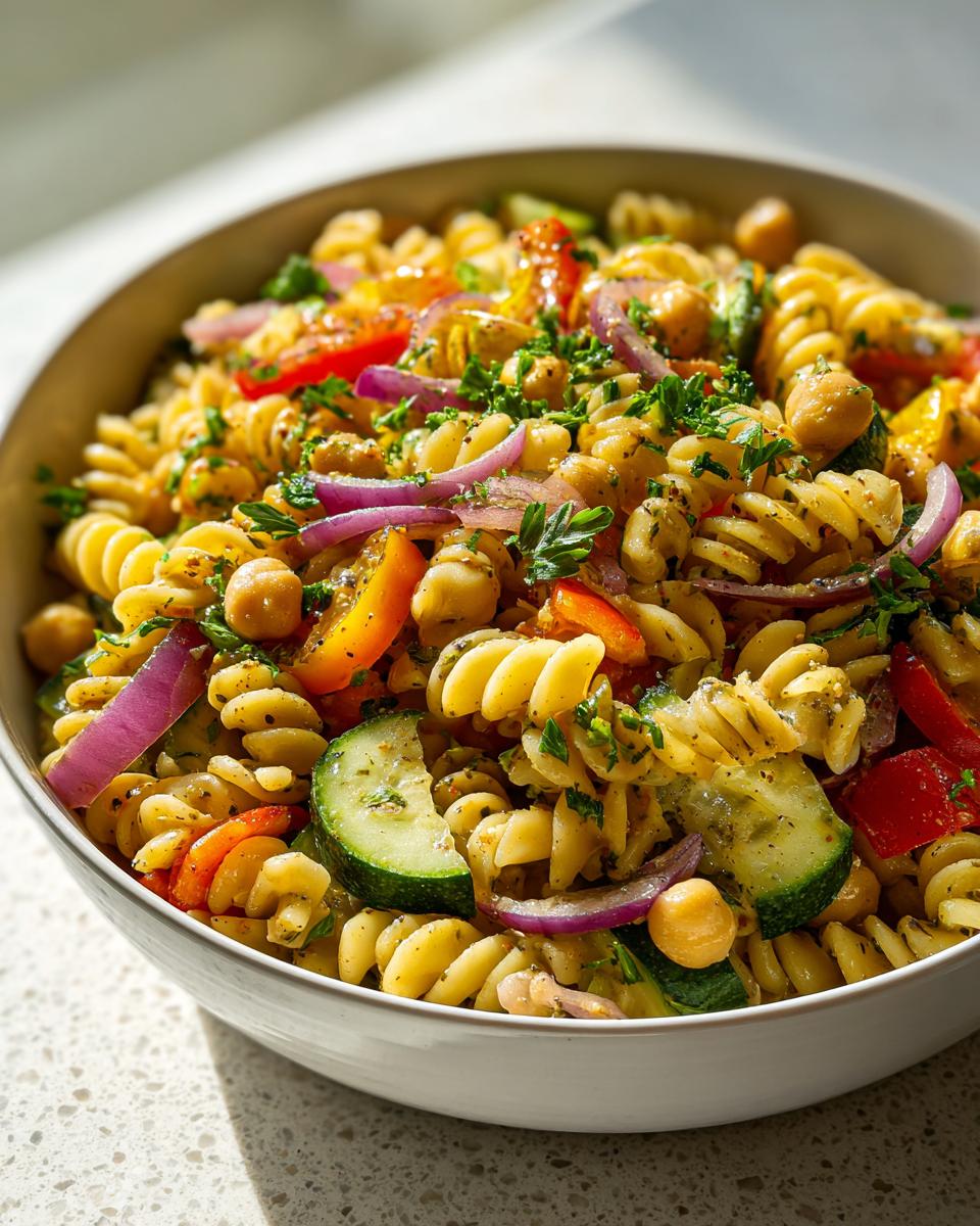 Close-up of a vibrant pasta salad chickpeas in a white bowl with fresh vegetables.