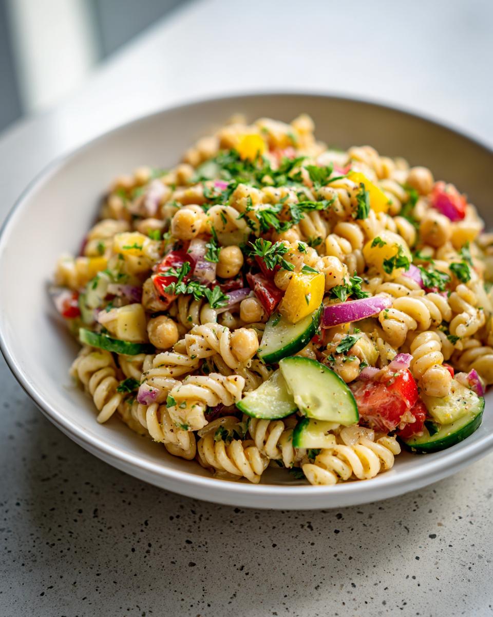 Close-up of a bowl of pasta salad chickpeas with vegetables and herbs.