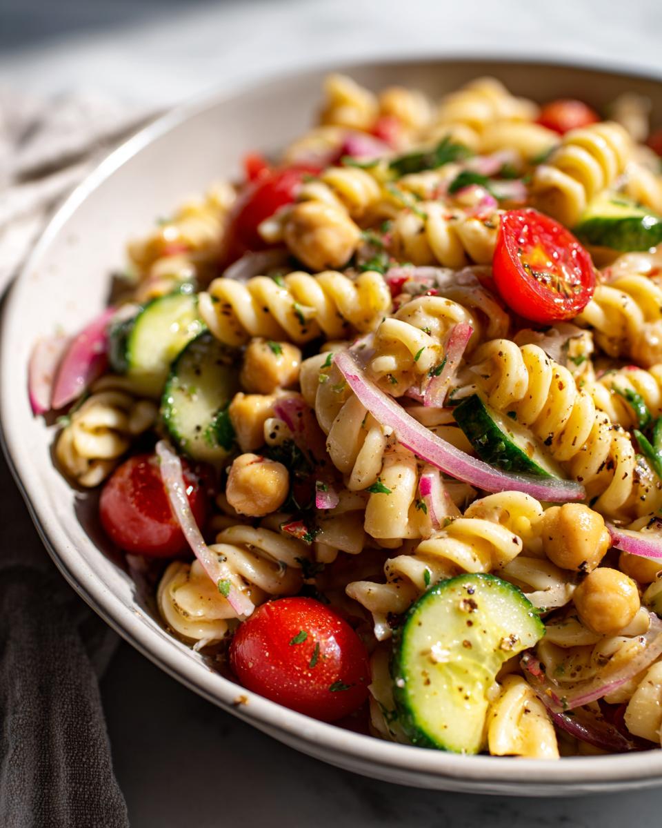 Close-up of a bowl of pasta salad chickpeas with tomatoes, cucumber, and red onion.