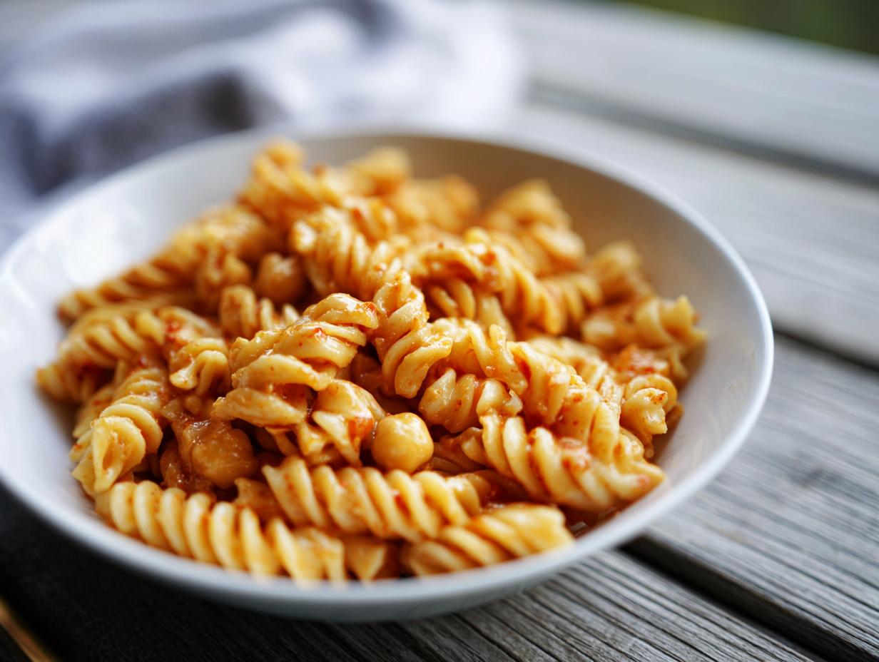 Close-up of pasta salad chickpeas in a white bowl, showing fusilli pasta and chickpeas.