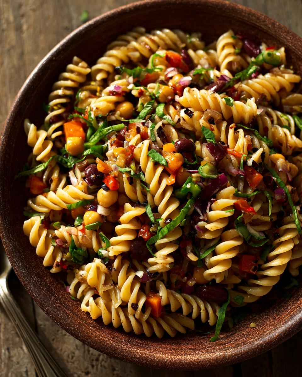 Close-up of a bowl of pasta salad chickpeas with vegetables and herbs.
