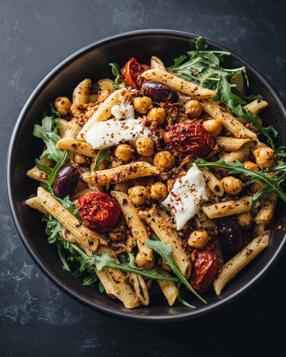 Overhead shot of a pasta salad chickpeas in a bowl with tomatoes, olives, and arugula.