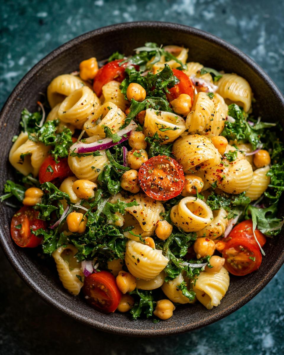 Close-up of a pasta salad chickpeas in a bowl, with tomatoes, kale, and onions.