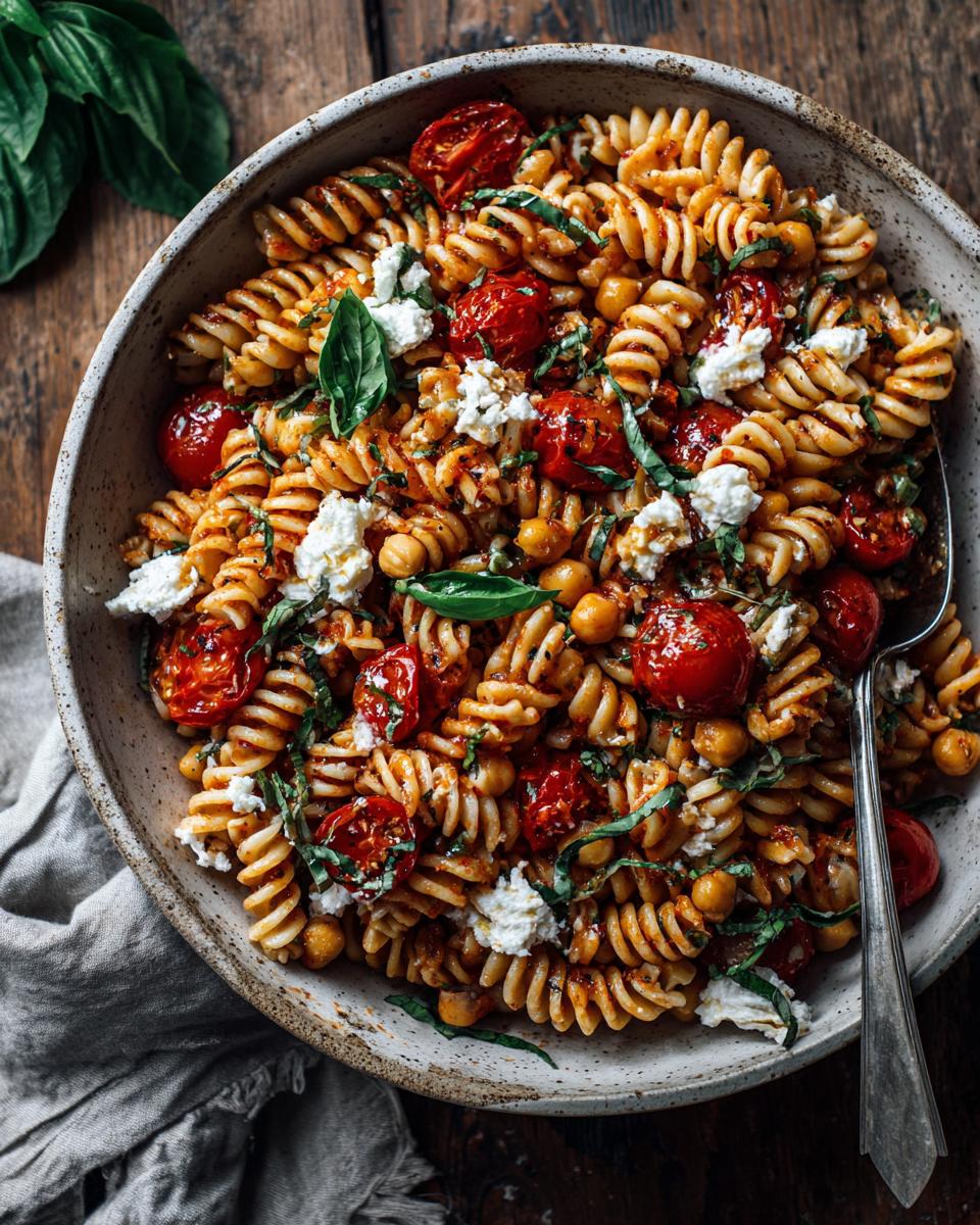 Overhead shot of a vibrant pasta salad chickpeas with tomatoes, basil, and feta cheese.