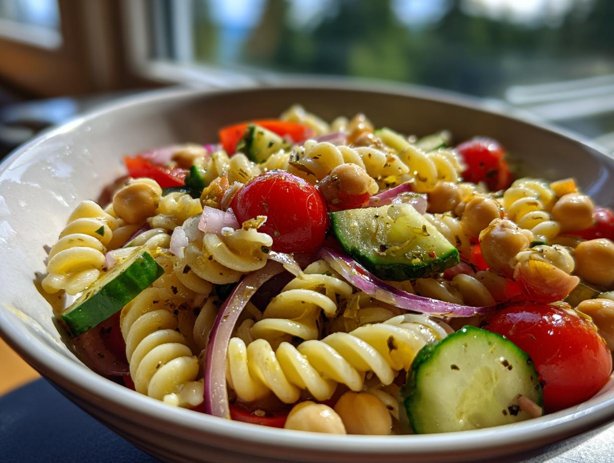 Close-up of a bowl filled with pasta salad chickpeas, tomatoes, cucumber, and red onion.