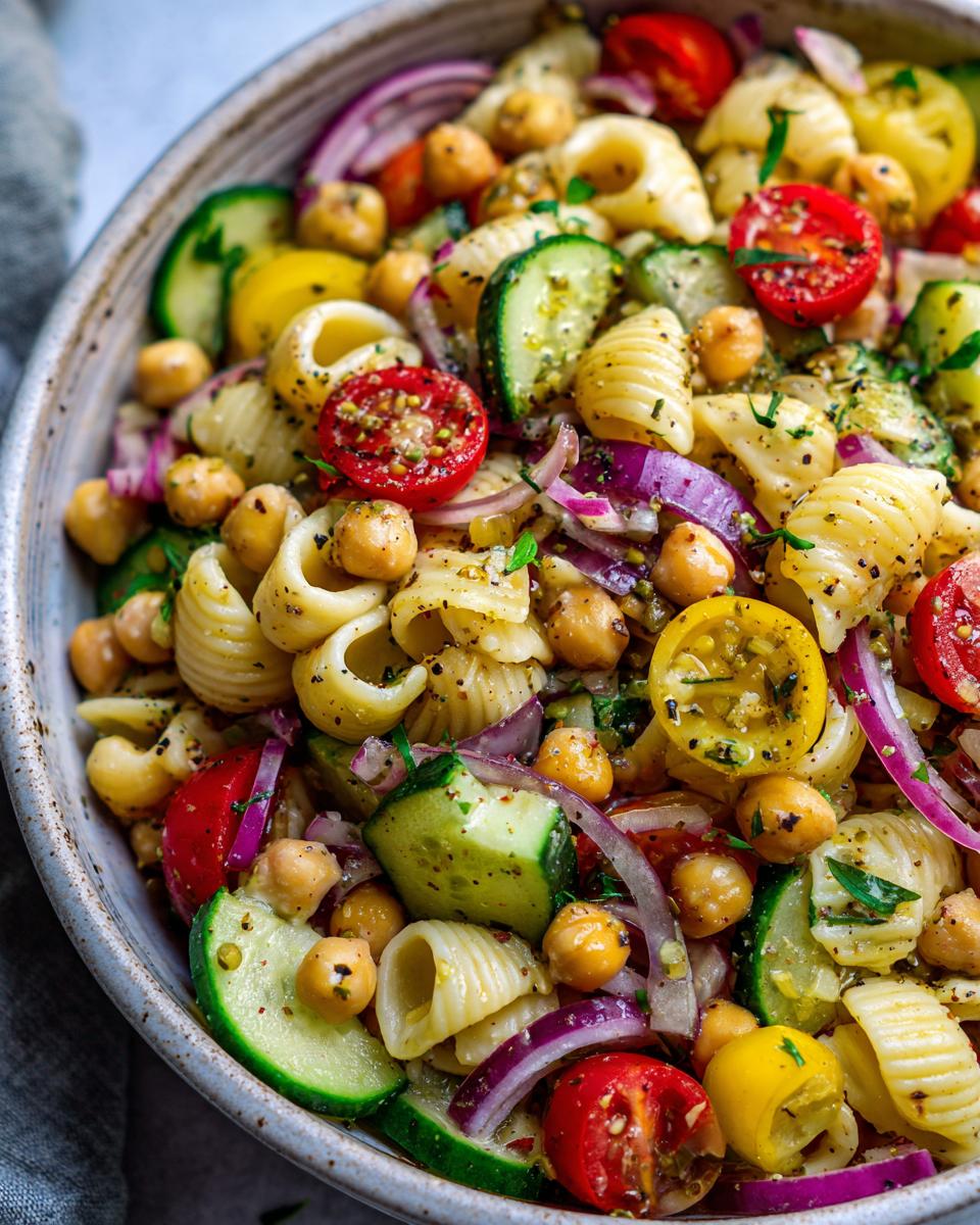 Close-up of a vibrant pasta salad chickpeas with tomatoes, cucumbers, and red onion.