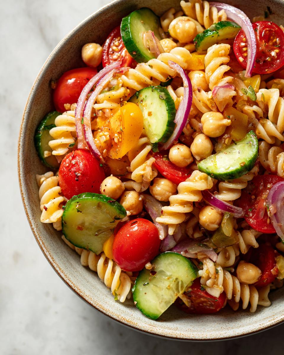 Close-up of a bowl of pasta salad chickpeas with tomatoes, cucumbers, and red onion.