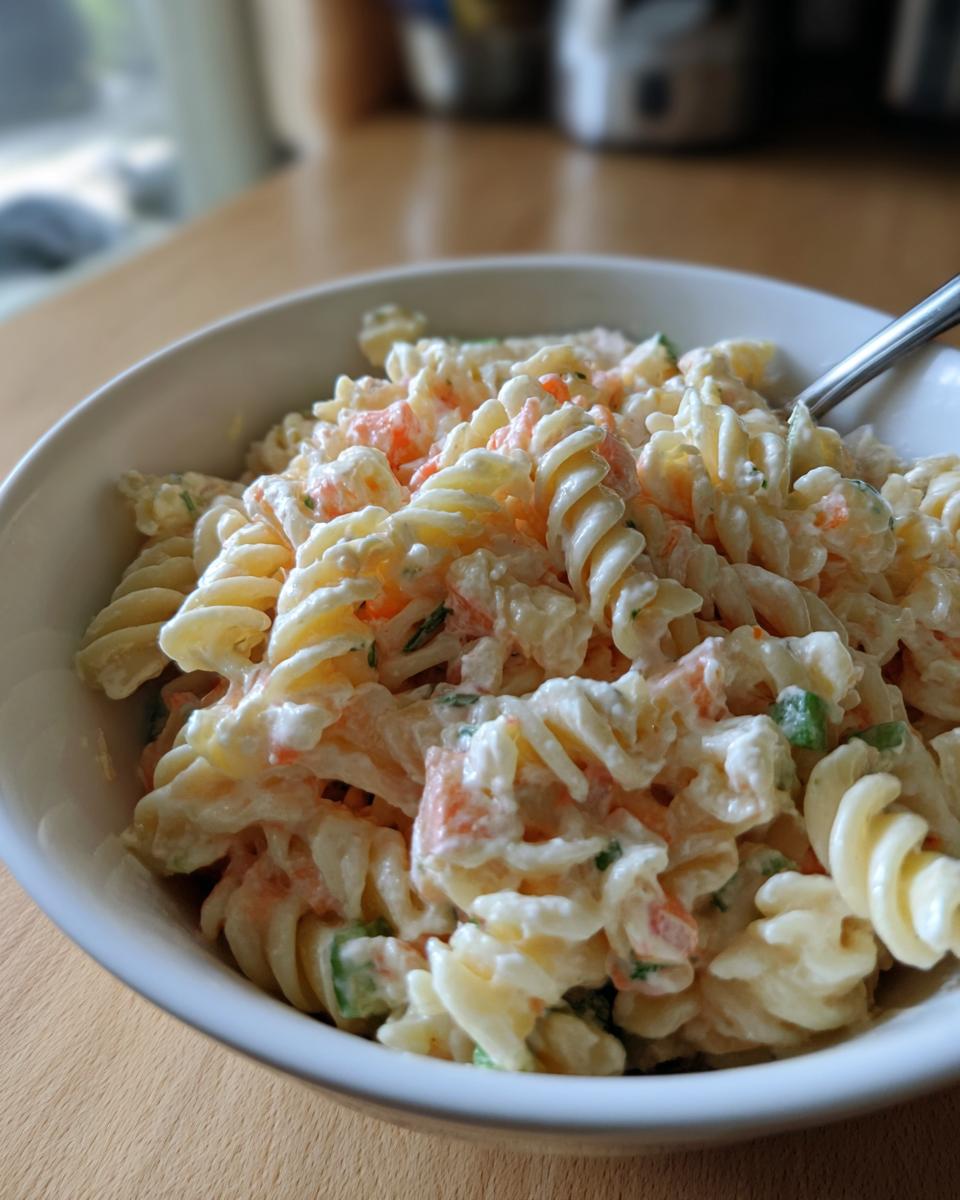 Close-up of a bowl of creamy pasta salad classic with carrots and green bits.